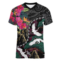 Hawaiian and Japanese Culture Women V-Neck T-Shirt Crane Sakura Hibiscus Tropical Vibes