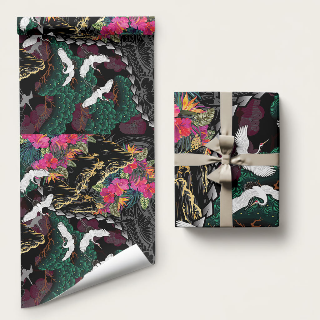 Hawaiian and Japanese Culture Wrapping Paper Crane Sakura Hibiscus Tropical Vibes LT14 58" × 23" Black - Polynesian Pride