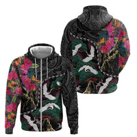Hawaiian and Japanese Culture Zip Hoodie Crane Sakura Hibiscus Tropical Vibes