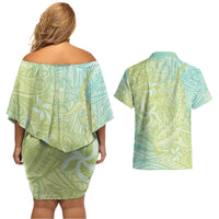 Baby Green Gradient Polynesia Couples Matching Off Shoulder Short Dress and Hawaiian Shirt Hawaiian Tribal Hammerhead Shark Tattoo