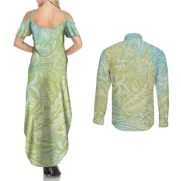 Polynesia Couples Matching Summer Maxi Dress and Long Sleeve Button Shirts Plumeria With Tribal Pattern Blue Pastel Vibes LT14 main image 1