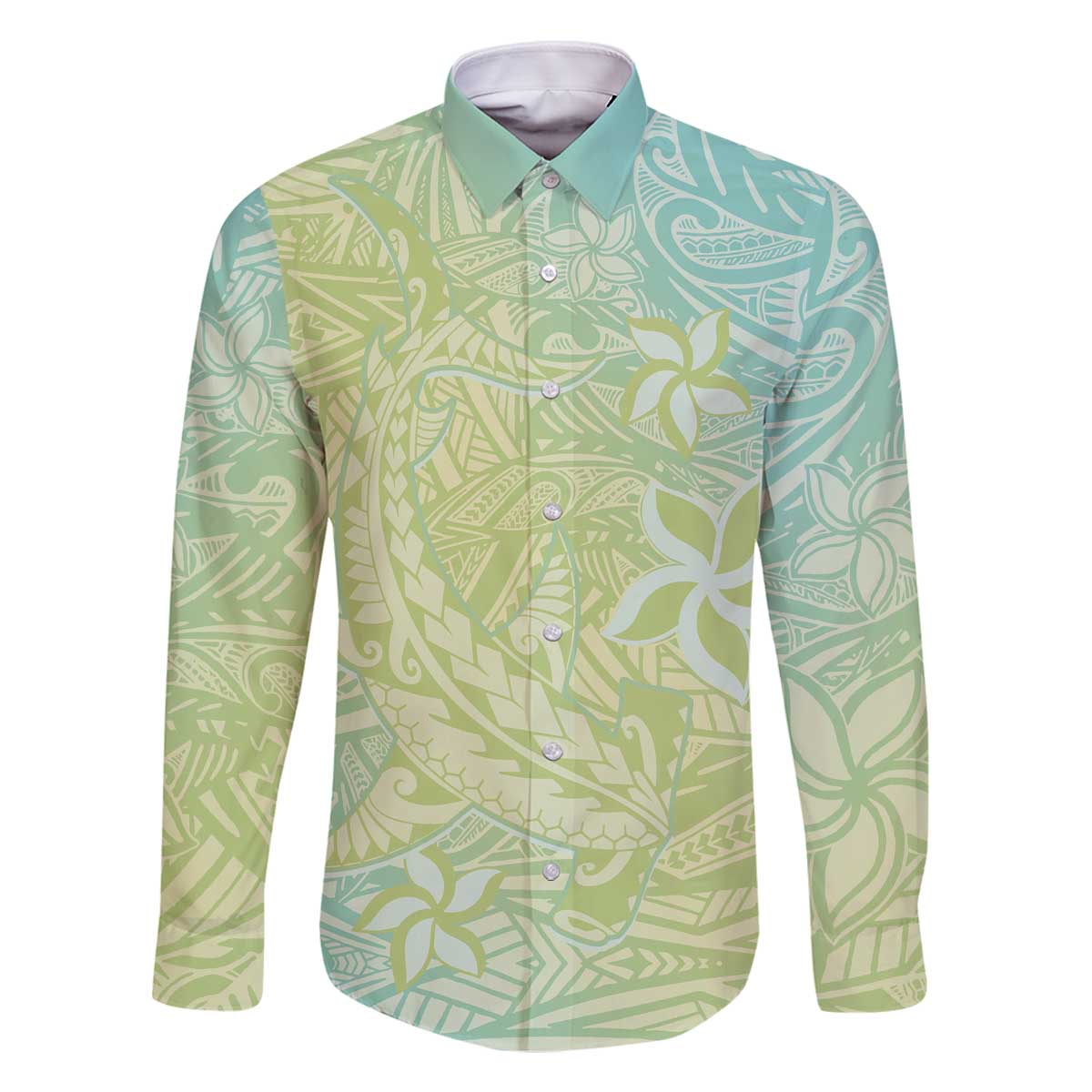 Baby Green Gradient Polynesia Family Matching Off The Shoulder Long Sleeve Dress and Hawaiian Shirt Hawaiian Tribal Hammerhead Shark Tattoo