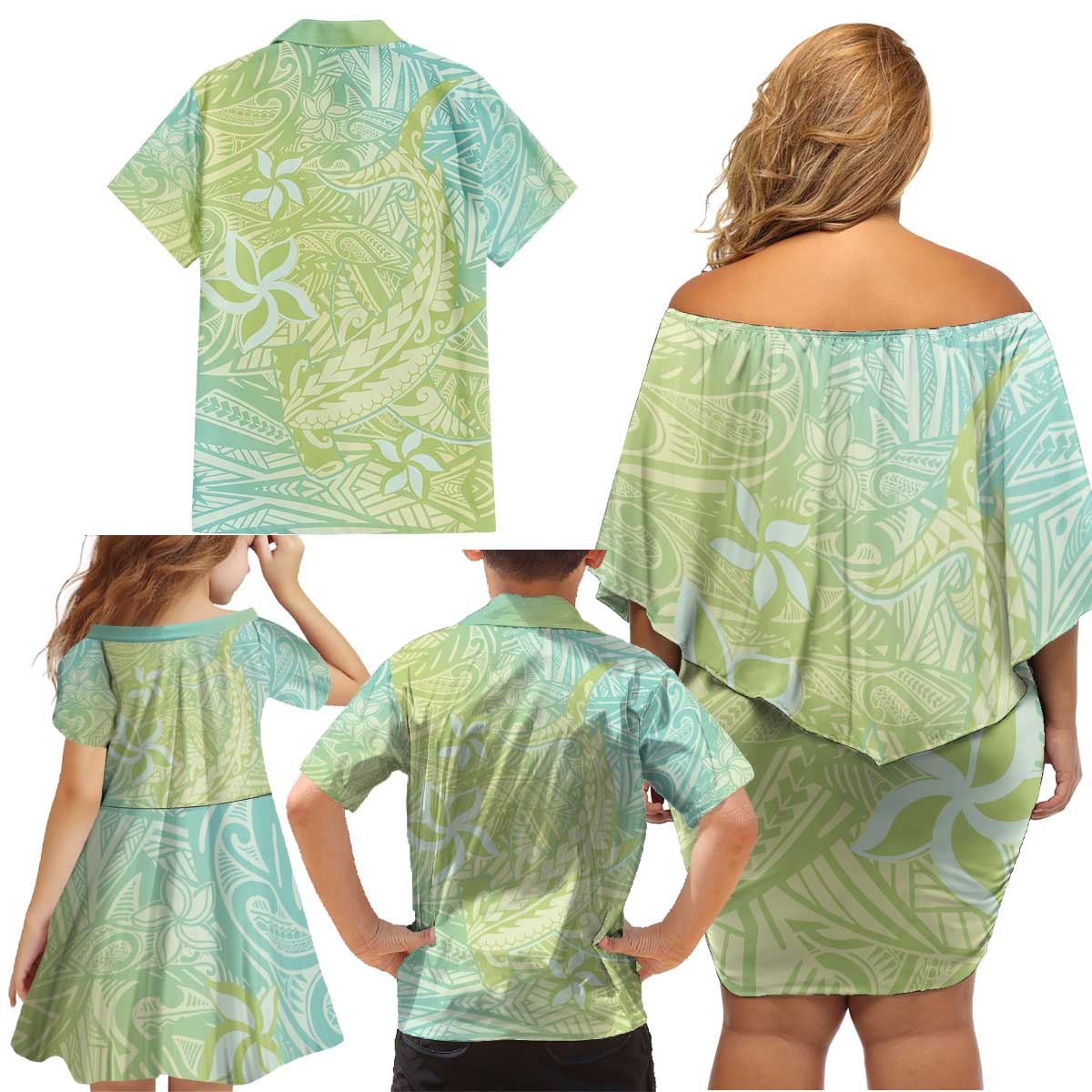 Baby Green Gradient Polynesia Family Matching Off Shoulder Short Dress and Hawaiian Shirt Hawaiian Tribal Hammerhead Shark Tattoo