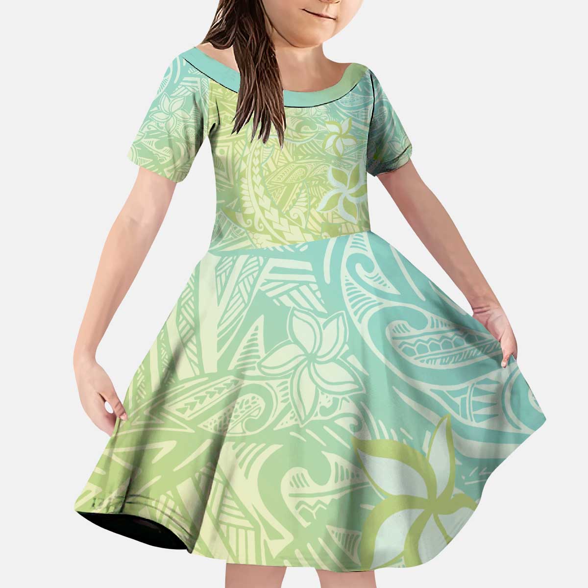 Baby Green Gradient Polynesia Kid Short Sleeve Dress Hawaiian Tribal Hammerhead Shark Tattoo