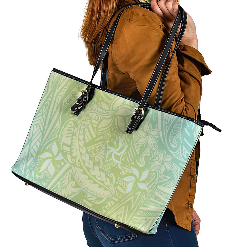 Baby Green Gradient Polynesia Leather Tote Bag Hawaiian Tribal Hammerhead Shark Tattoo