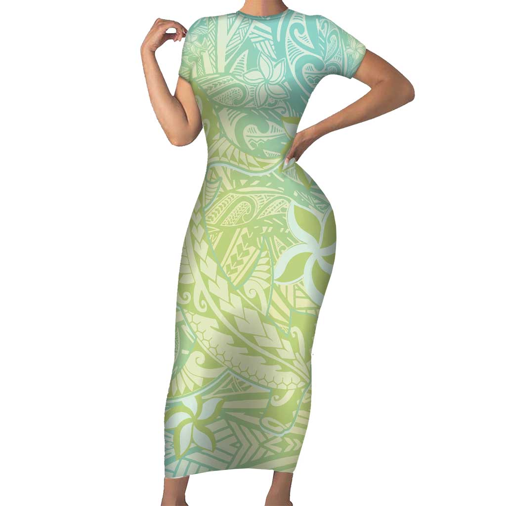 Baby Green Gradient Polynesia Short Sleeve Bodycon Dress Hawaiian Tribal Hammerhead Shark Tattoo