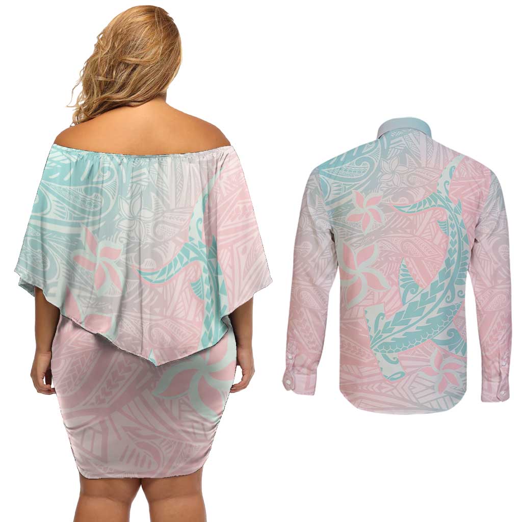 Baby Pink Gradient Polynesia Couples Matching Off Shoulder Short Dress and Long Sleeve Button Shirt Hawaiian Tribal Hammerhead Shark Tattoo