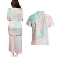 Baby Pink Gradient Polynesia Couples Matching Puletasi and Hawaiian Shirt Hawaiian Tribal Hammerhead Shark Tattoo