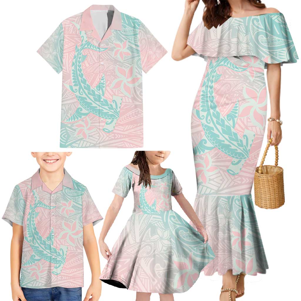 Baby Pink Gradient Polynesia Family Matching Mermaid Dress and Hawaiian Shirt Hawaiian Tribal Hammerhead Shark Tattoo
