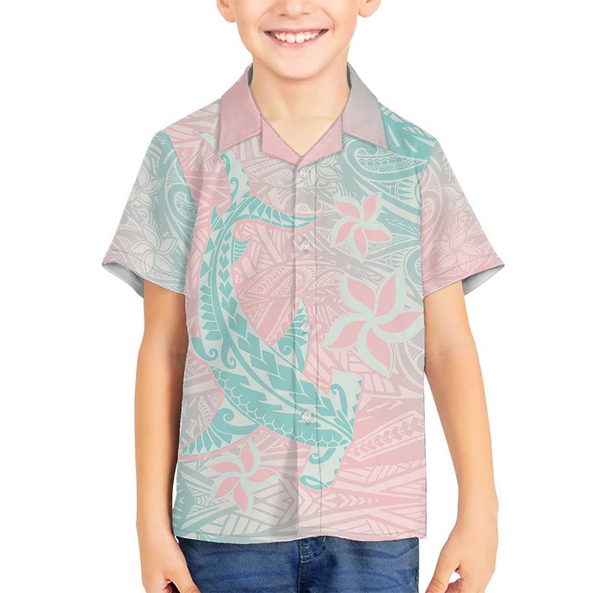 Baby Pink Gradient Polynesia Family Matching Off The Shoulder Long Sleeve Dress and Hawaiian Shirt Hawaiian Tribal Hammerhead Shark Tattoo LT14 Son's Shirt Baby Pink - Polynesian Pride