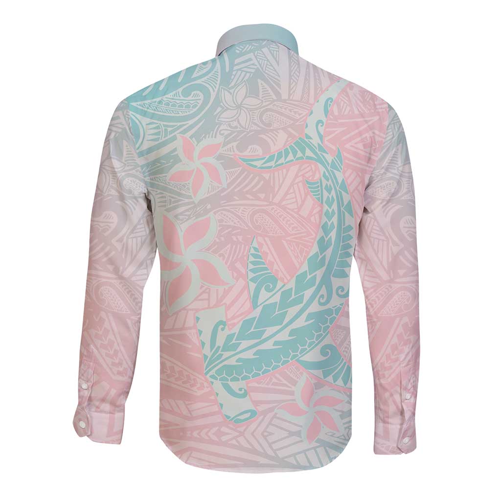 Baby Pink Gradient Polynesia Long Sleeve Button Shirt Hawaiian Tribal Hammerhead Shark Tattoo LT14 - Polynesian Pride