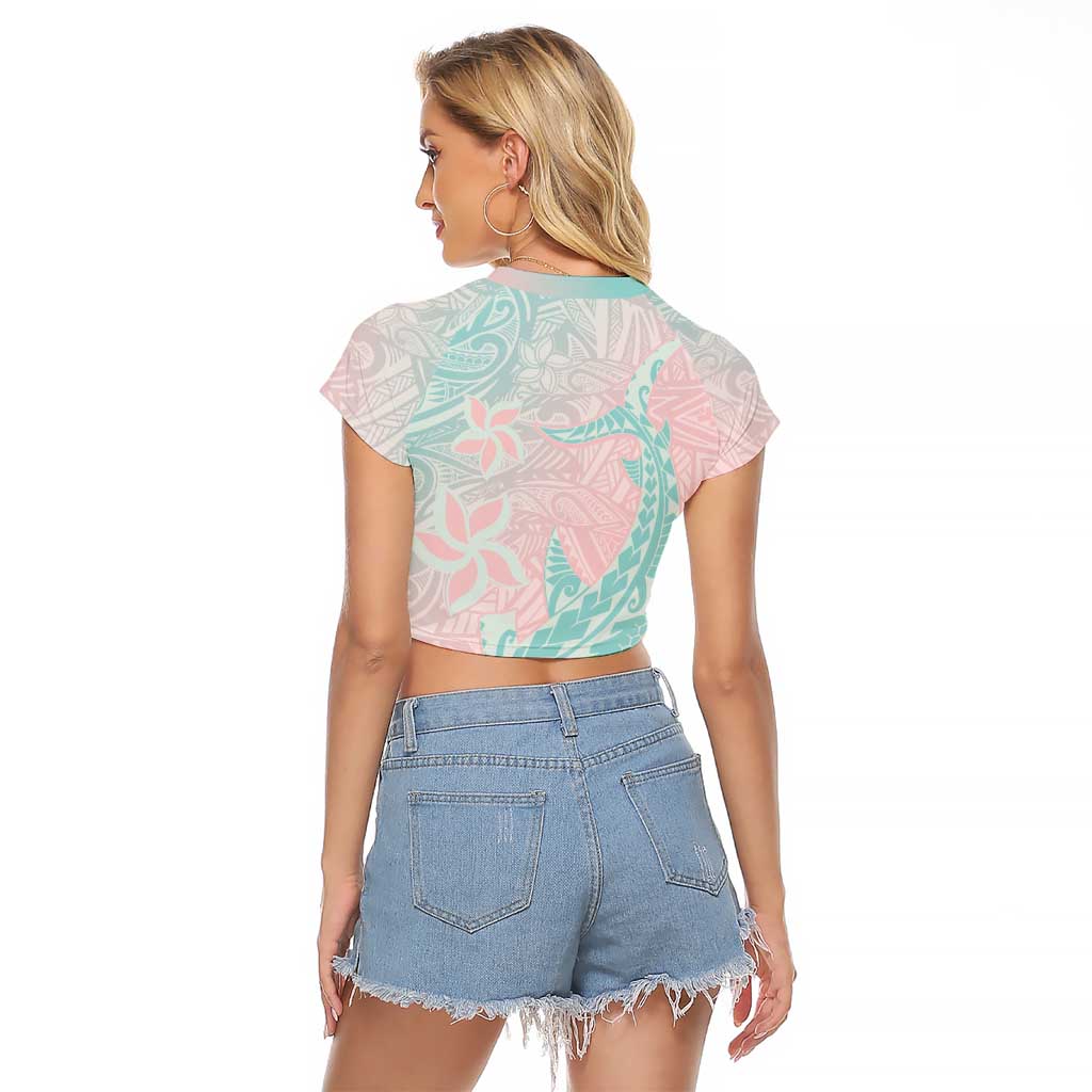 Baby Pink Gradient Polynesia Raglan Cropped T Shirt Hawaiian Tribal Hammerhead Shark Tattoo