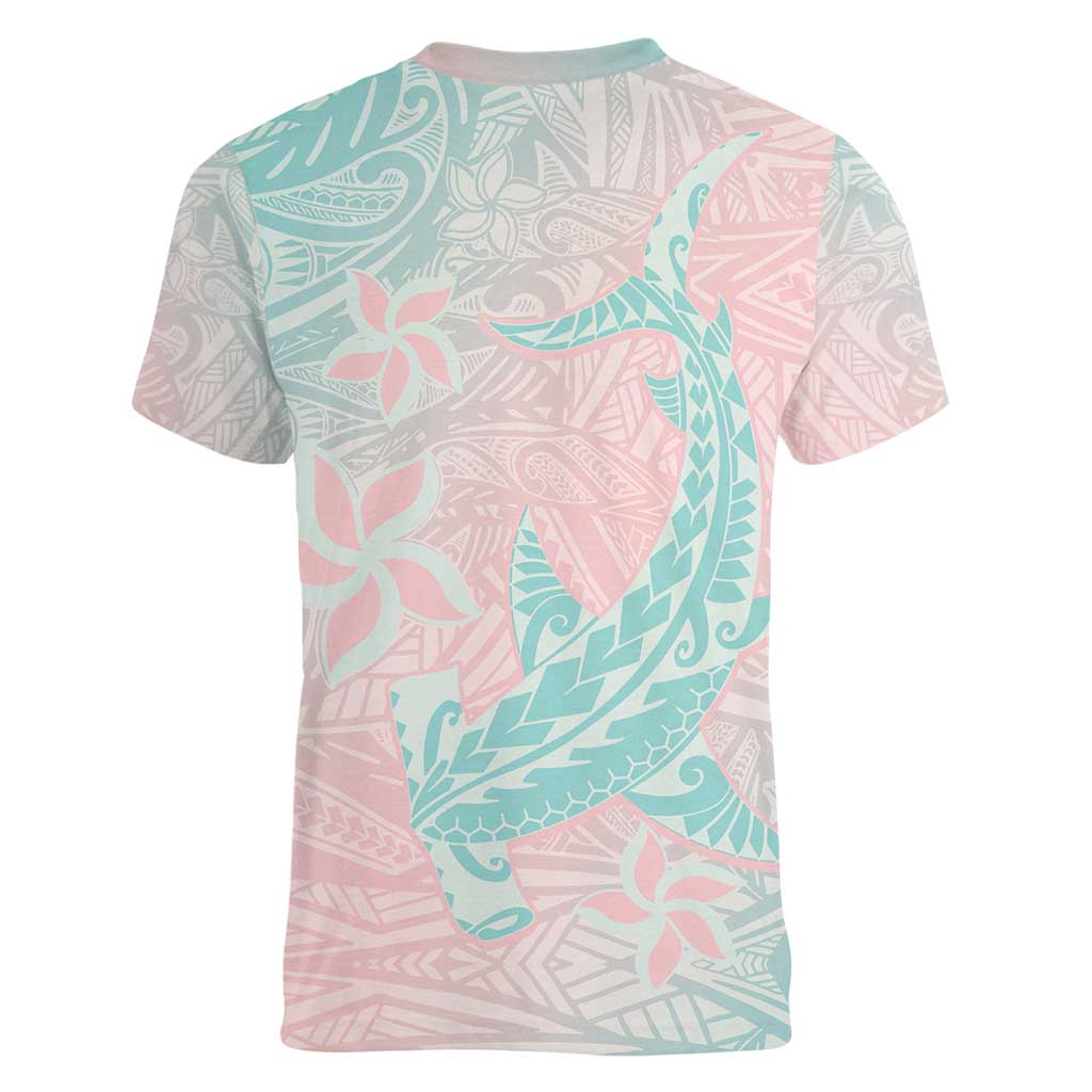 Baby Pink Gradient Polynesia Women V-Neck T-Shirt Hawaiian Tribal Hammerhead Shark Tattoo