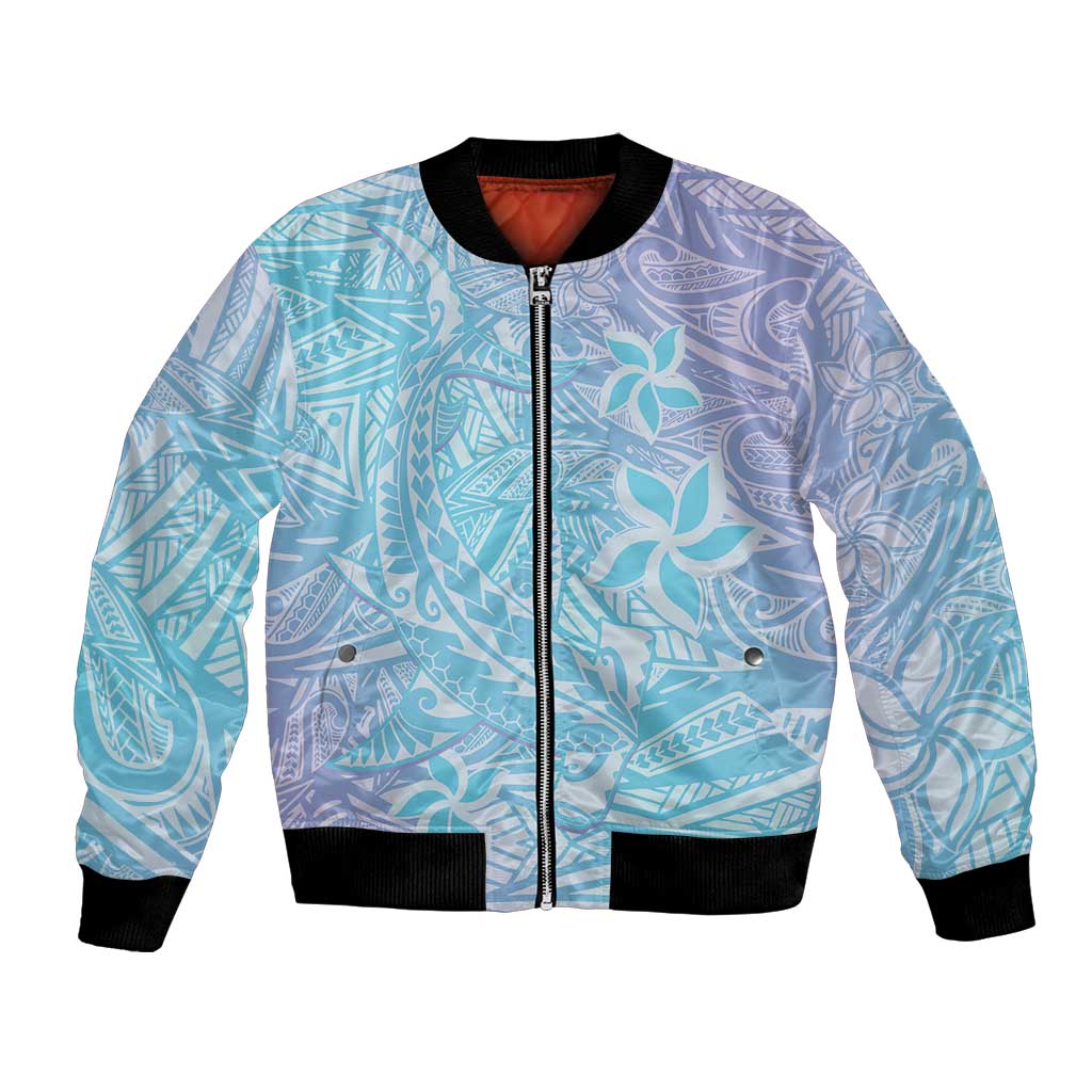 Baby Blue Gradient Polynesia Bomber Jacket Hawaiian Tribal Hammerhead Shark Tattoo LT14 Unisex Baby Blue - Polynesian Pride