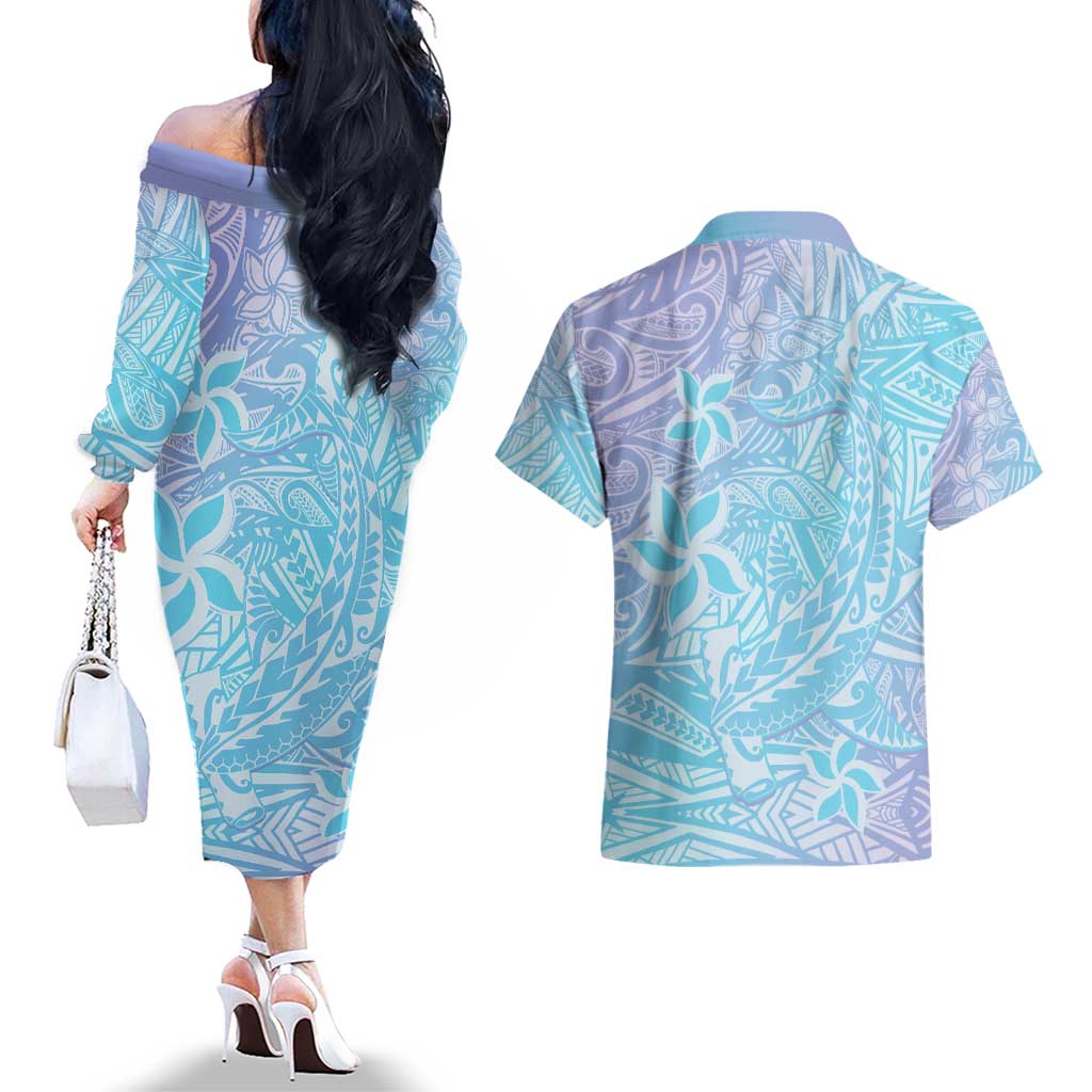 Baby Blue Gradient Polynesia Couples Matching Off The Shoulder Long Sleeve Dress and Hawaiian Shirt Hawaiian Tribal Hammerhead Shark Tattoo