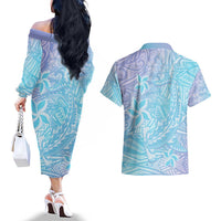 Baby Blue Gradient Polynesia Couples Matching Off The Shoulder Long Sleeve Dress and Hawaiian Shirt Hawaiian Tribal Hammerhead Shark Tattoo