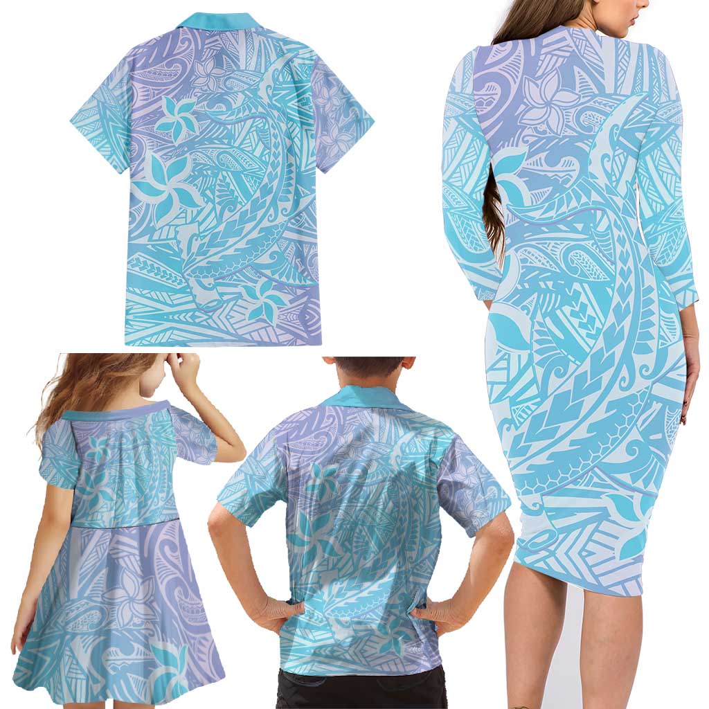 Baby Blue Gradient Polynesia Family Matching Long Sleeve Bodycon Dress and Hawaiian Shirt Hawaiian Tribal Hammerhead Shark Tattoo