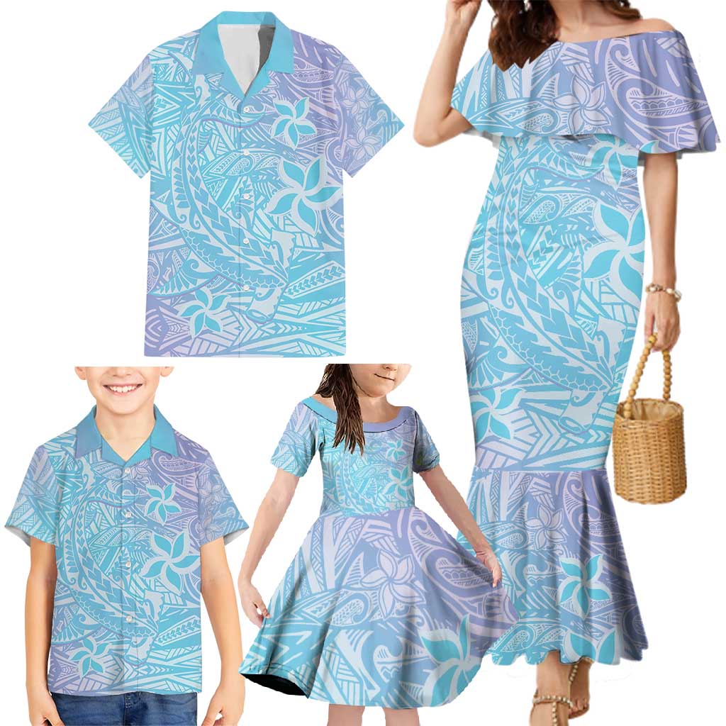 Baby Blue Gradient Polynesia Family Matching Mermaid Dress and Hawaiian Shirt Hawaiian Tribal Hammerhead Shark Tattoo