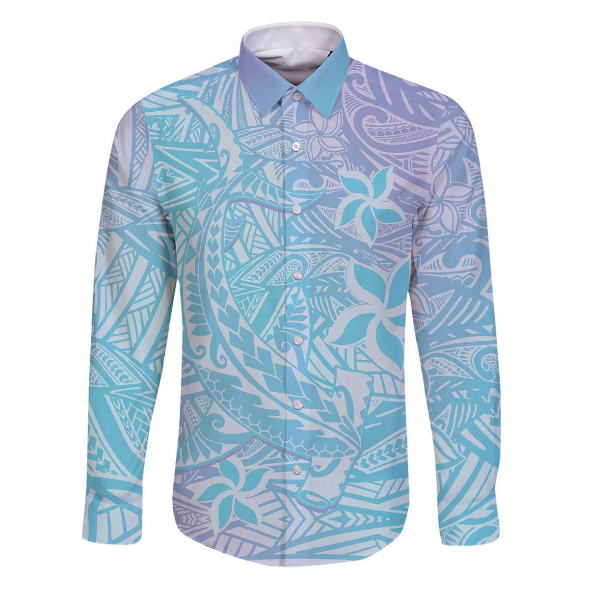 Baby Blue Gradient Polynesia Family Matching Puletasi and Hawaiian Shirt Hawaiian Tribal Hammerhead Shark Tattoo