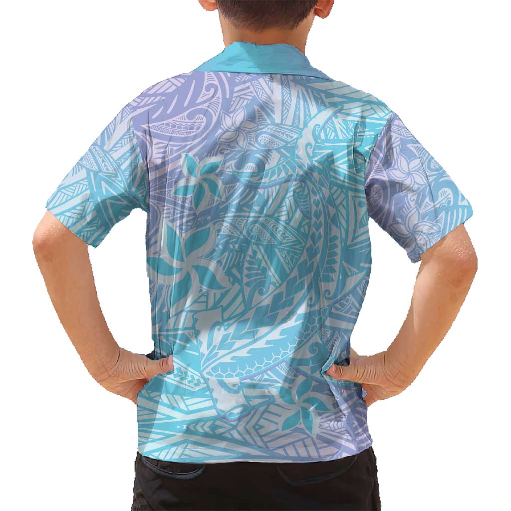 Baby Blue Gradient Polynesia Family Matching Summer Maxi Dress and Hawaiian Shirt Hawaiian Tribal Hammerhead Shark Tattoo LT14 - Polynesian Pride