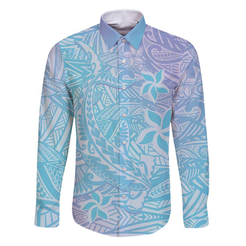 Baby Blue Gradient Polynesia Family Matching Summer Maxi Dress and Hawaiian Shirt Hawaiian Tribal Hammerhead Shark Tattoo LT14 Dad's Shirt - Long Sleeve Baby Blue - Polynesian Pride