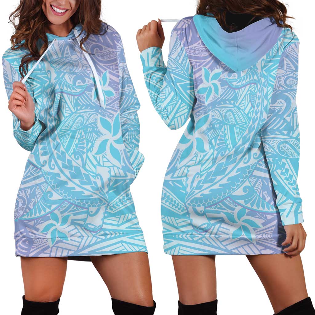 Baby Blue Gradient Polynesia Hoodie Dress Hawaiian Tribal Hammerhead Shark Tattoo