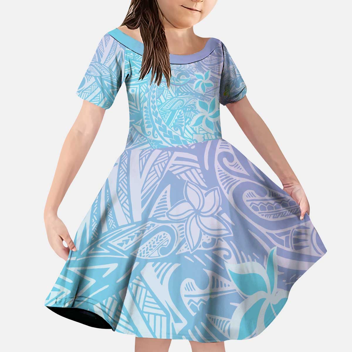 Baby Blue Gradient Polynesia Kid Short Sleeve Dress Hawaiian Tribal Hammerhead Shark Tattoo