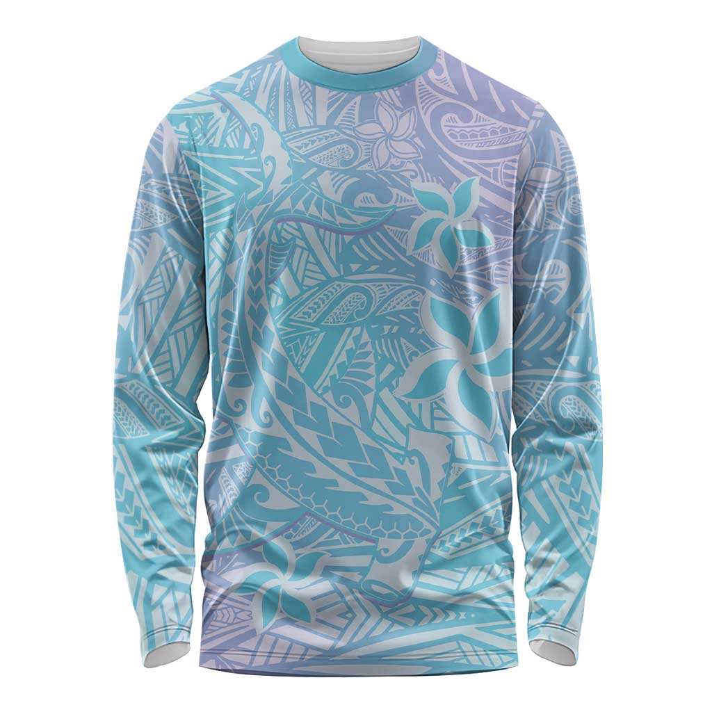 Baby Blue Gradient Polynesia Long Sleeve Shirt Hawaiian Tribal Hammerhead Shark Tattoo LT14 Unisex Baby Blue - Polynesian Pride