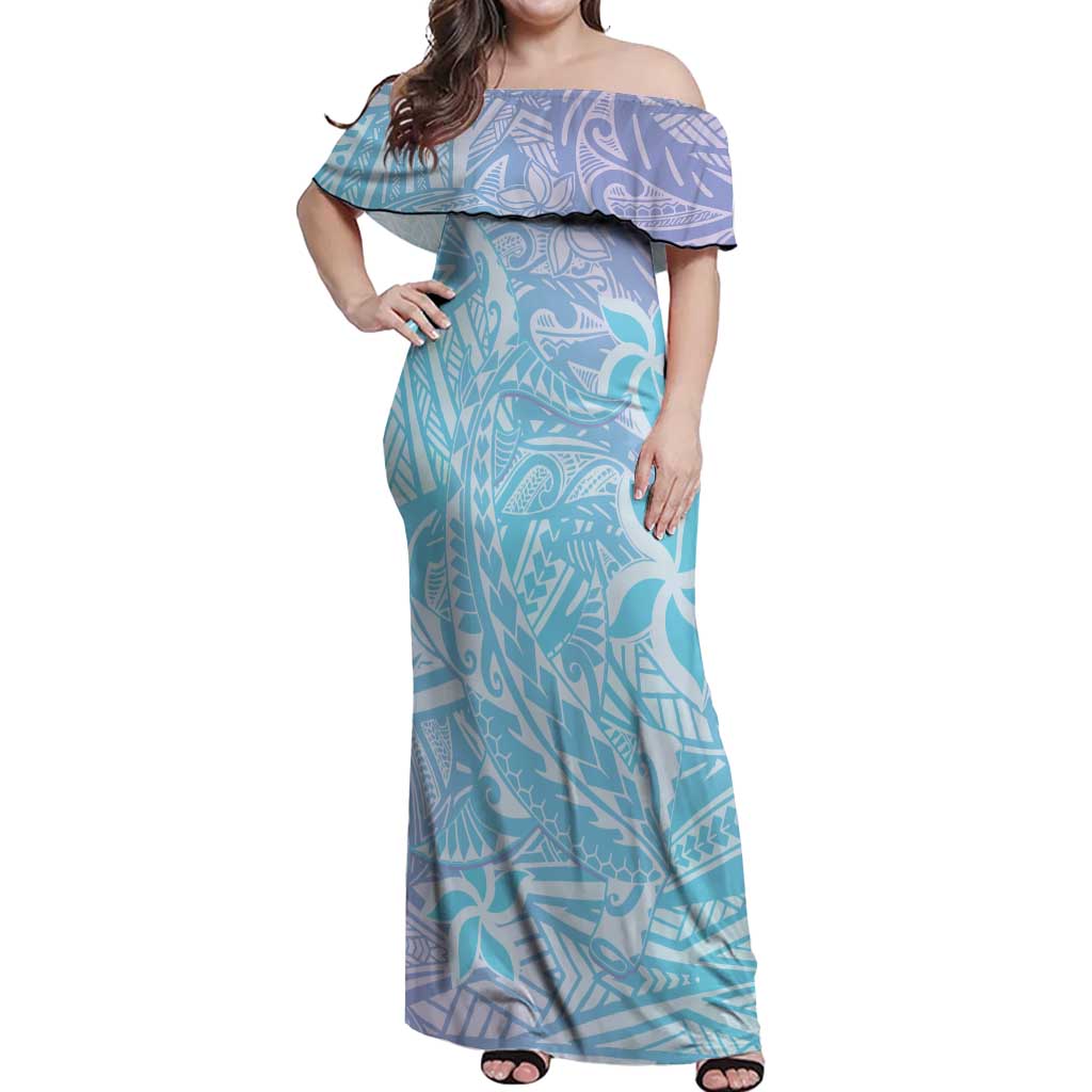 Baby Blue Gradient Polynesia Off Shoulder Maxi Dress Hawaiian Tribal Hammerhead Shark Tattoo