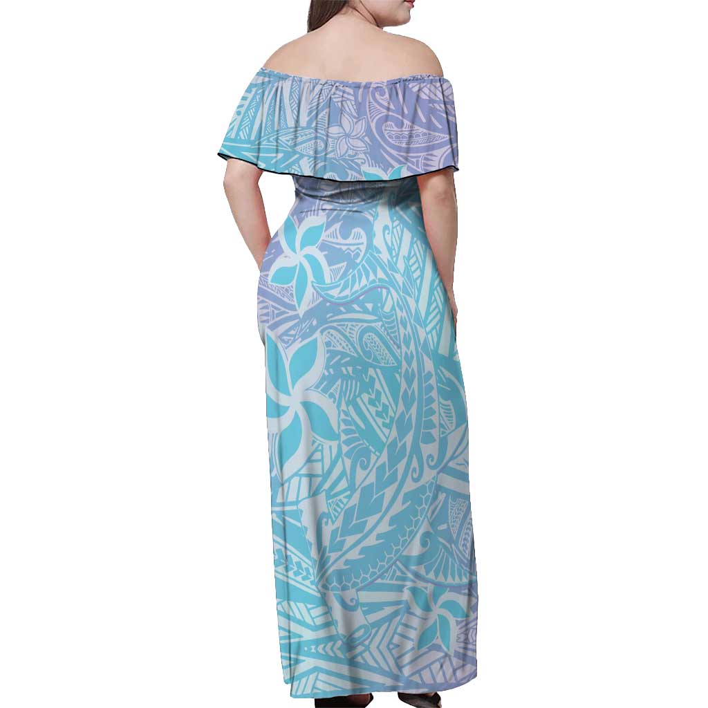 Baby Blue Gradient Polynesia Off Shoulder Maxi Dress Hawaiian Tribal Hammerhead Shark Tattoo