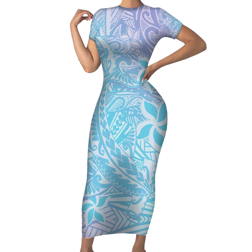 Baby Blue Gradient Polynesia Short Sleeve Bodycon Dress Hawaiian Tribal Hammerhead Shark Tattoo LT14 Long Dress Baby Blue - Polynesian Pride