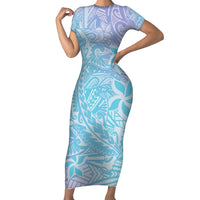 Baby Blue Gradient Polynesia Short Sleeve Bodycon Dress Hawaiian Tribal Hammerhead Shark Tattoo LT14 Long Dress Baby Blue - Polynesian Pride