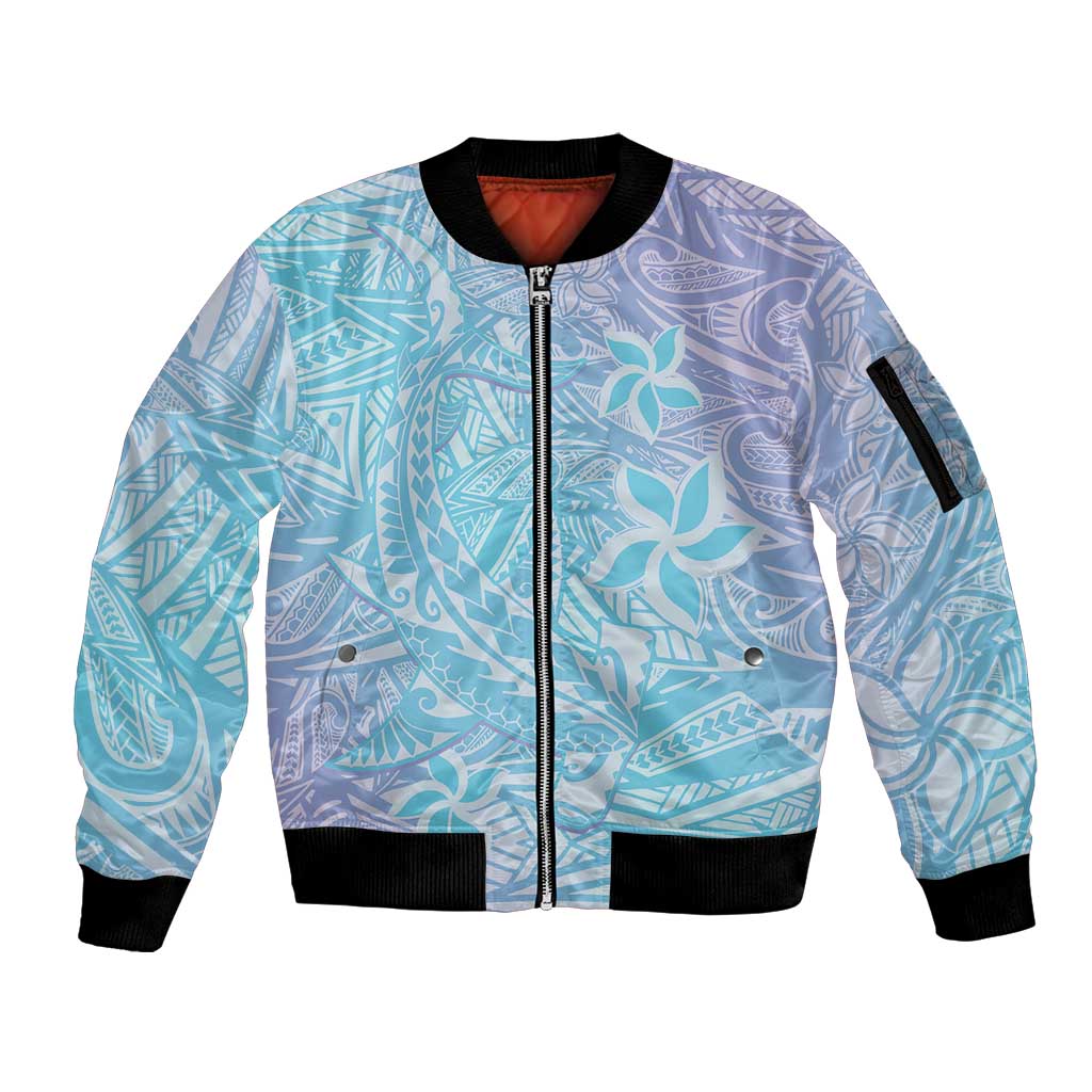 Baby Blue Gradient Polynesia Sleeve Zip Bomber Jacket Hawaiian Tribal Hammerhead Shark Tattoo