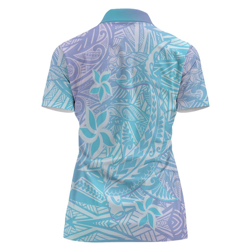 Baby Blue Gradient Polynesia Women Polo Shirt Hawaiian Tribal Hammerhead Shark Tattoo
