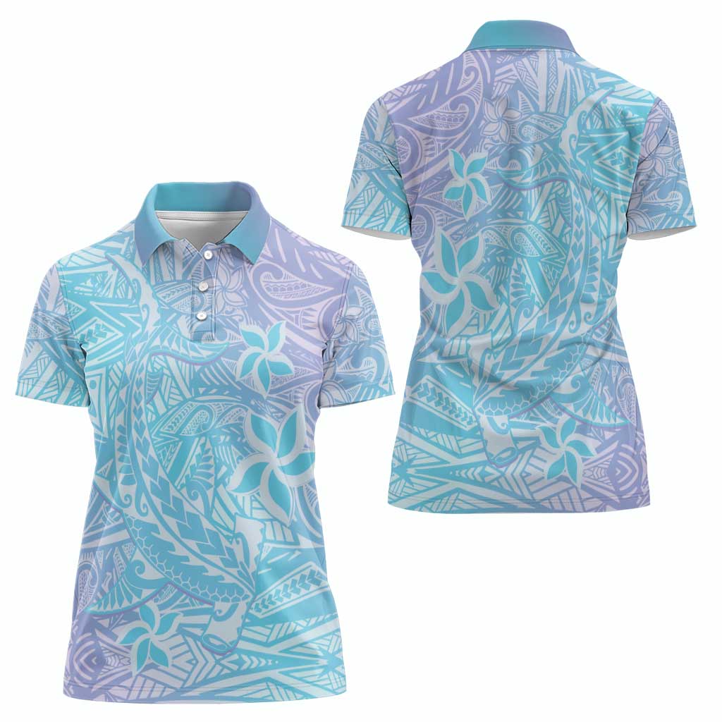 Baby Blue Gradient Polynesia Women Polo Shirt Hawaiian Tribal Hammerhead Shark Tattoo