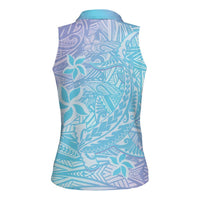 Baby Blue Gradient Polynesia Women Sleeveless Polo Shirt Hawaiian Tribal Hammerhead Shark Tattoo