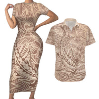 Pastel Brown Polynesia Couples Matching Short Sleeve Bodycon Dress and Hawaiian Shirt Hawaiian Tribal Hammerhead Shark Tattoo LT14