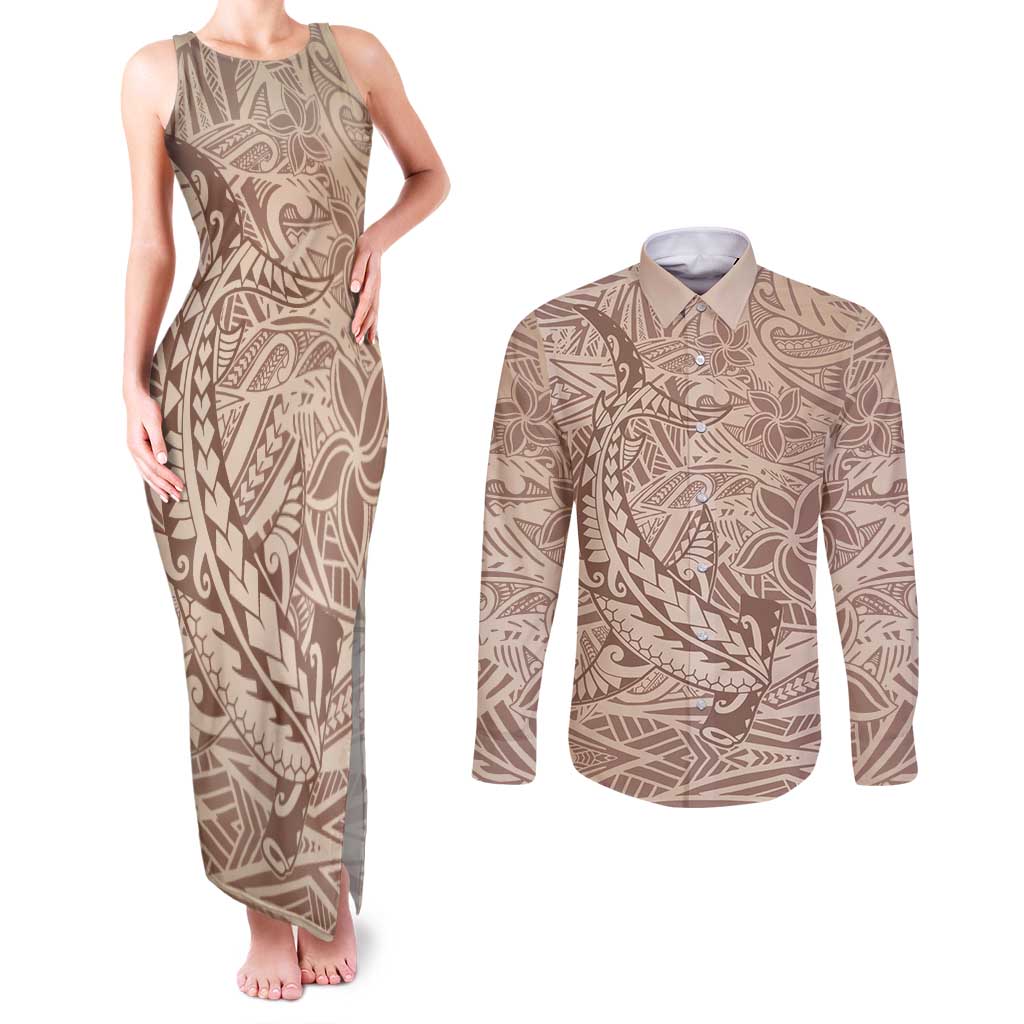 Pastel Brown Polynesia Couples Matching Tank Maxi Dress and Long Sleeve Button Shirt Hawaiian Tribal Hammerhead Shark Tattoo LT14 Pastel Brown - Polynesian Pride