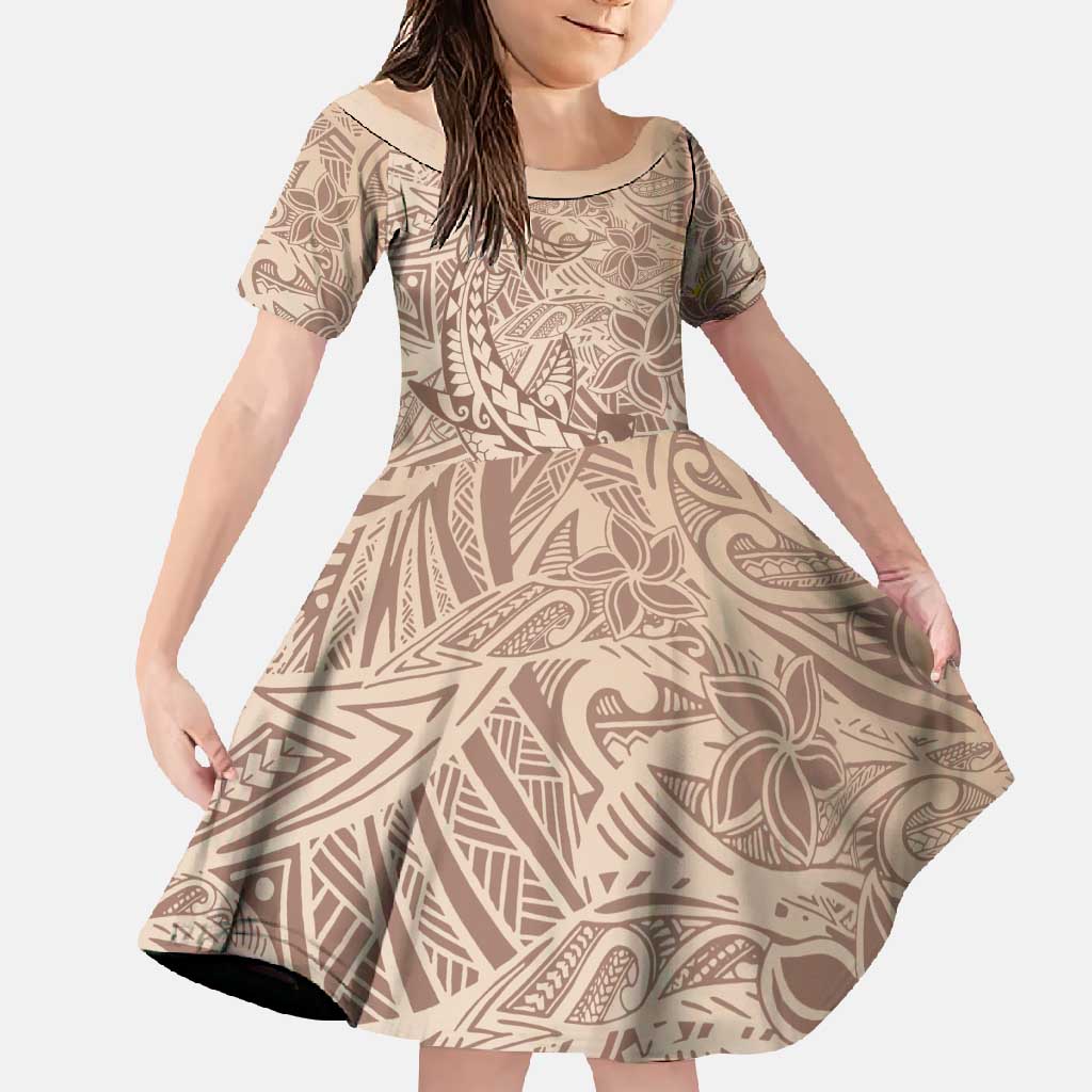 Pastel Brown Polynesia Family Matching Summer Maxi Dress and Hawaiian Shirt Hawaiian Tribal Hammerhead Shark Tattoo LT14 Daughter's Dress Pastel Brown - Polynesian Pride