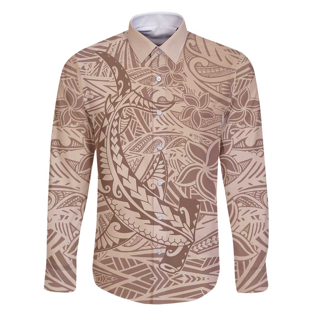 Pastel Brown Polynesia Family Matching Summer Maxi Dress and Hawaiian Shirt Hawaiian Tribal Hammerhead Shark Tattoo LT14 Dad's Shirt - Long Sleeve Pastel Brown - Polynesian Pride