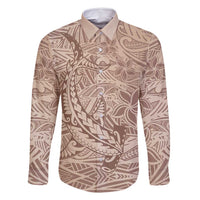 Pastel Brown Polynesia Family Matching Summer Maxi Dress and Hawaiian Shirt Hawaiian Tribal Hammerhead Shark Tattoo LT14 Dad's Shirt - Long Sleeve Pastel Brown - Polynesian Pride
