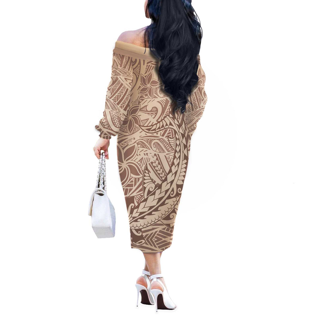 Pink Gradient Polynesia Off The Shoulder Long Sleeve Dress Hawaiian Tribal Hammerhead Shark Tattoo