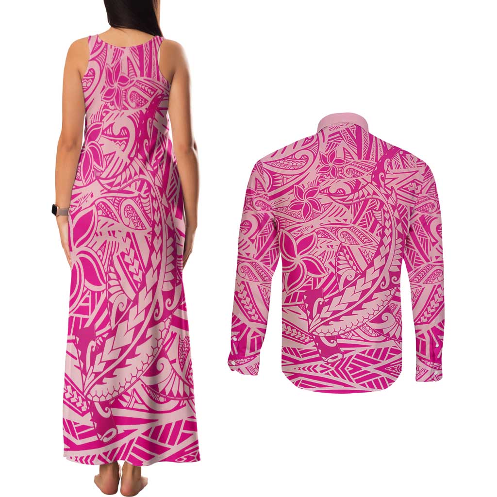 Beige Gradient Polynesia Couples Matching Tank Maxi Dress and Long Sleeve Button Shirt Hawaiian Tribal Hammerhead Shark Tattoo