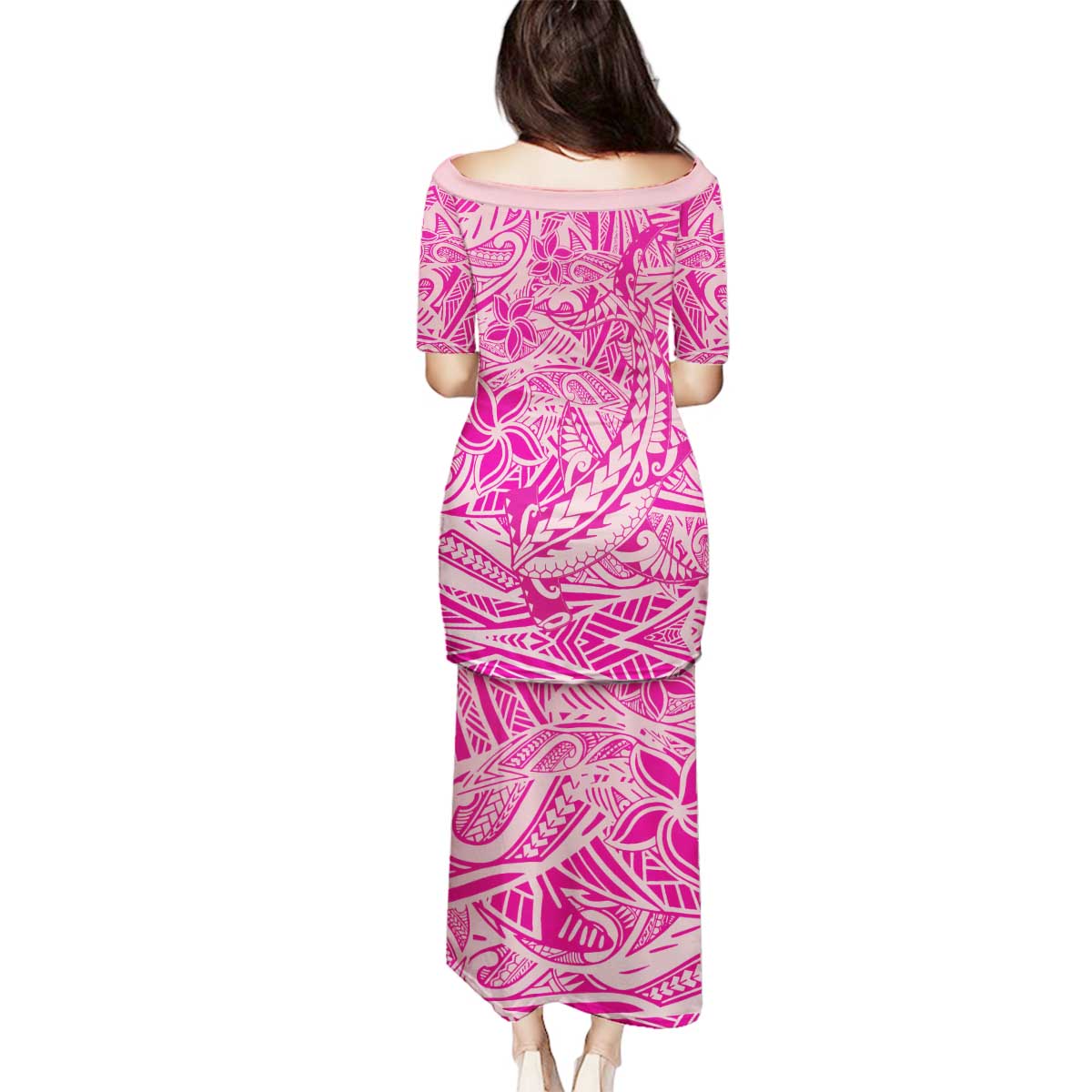 Beige Gradient Polynesia Family Matching Puletasi and Hawaiian Shirt Hawaiian Tribal Hammerhead Shark Tattoo