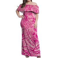 Beige Gradient Polynesia Off Shoulder Maxi Dress Hawaiian Tribal Hammerhead Shark Tattoo