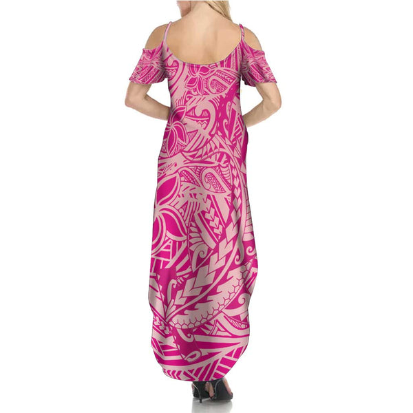 Polynesian Off Shoulder Short Dress Purple Hawaiian Tribal Hammerhead Shark LT14