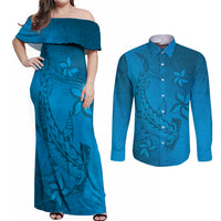 Blue Gradient Polynesia Couples Matching Off Shoulder Maxi Dress and Long Sleeve Button Shirt Hawaiian Tribal Hammerhead Shark Tattoo