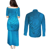 Blue Gradient Polynesia Couples Matching Puletasi and Long Sleeve Button Shirt Hawaiian Tribal Hammerhead Shark Tattoo
