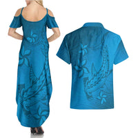 Blue Gradient Polynesia Couples Matching Summer Maxi Dress and Hawaiian Shirt Hawaiian Tribal Hammerhead Shark Tattoo