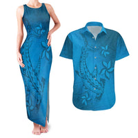 Blue Gradient Polynesia Couples Matching Tank Maxi Dress and Hawaiian Shirt Hawaiian Tribal Hammerhead Shark Tattoo